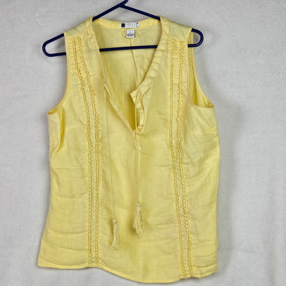 Carole Little Yellow 100% Linen Sleeveless Blouse Lace Trim Tassel Tie Large